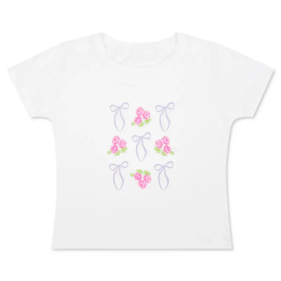 white cotton tee with lavender bows and pink bouquets of roses 
