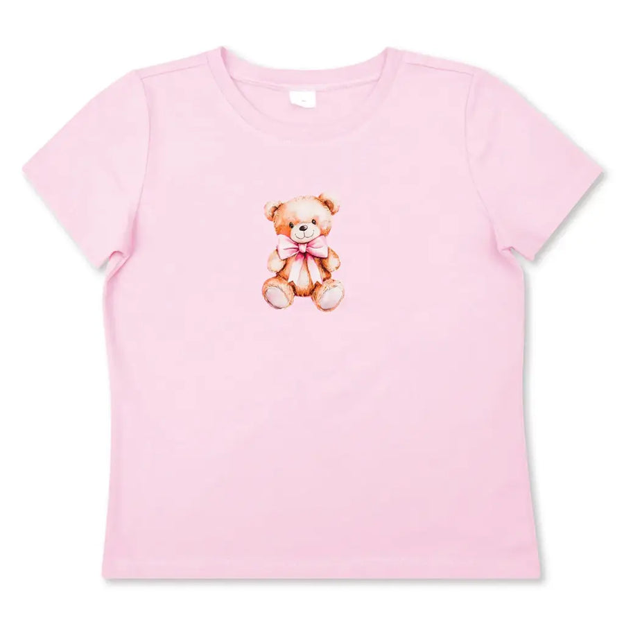 Pink t-shirt with a teddy bear design on a white background