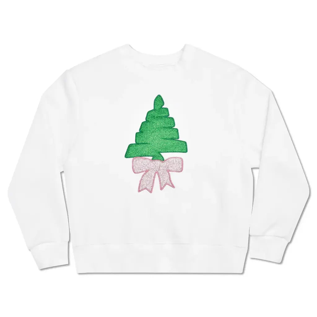 White sweatshirt with a green tree and pink bow design on a white background