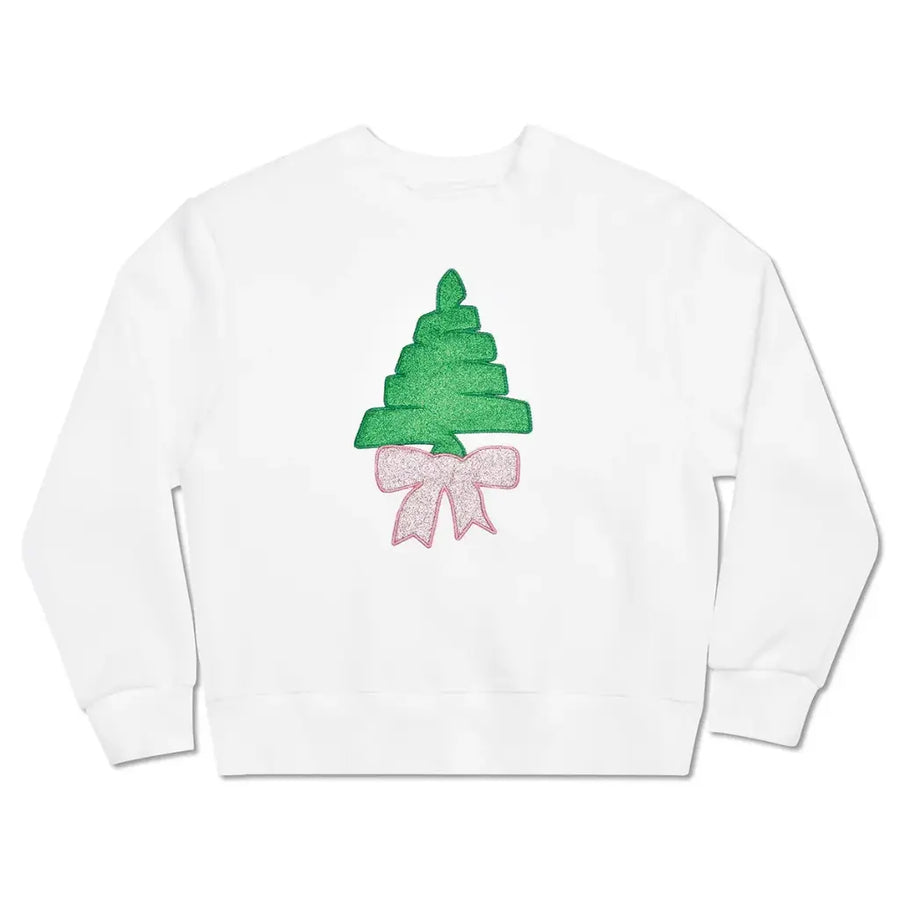 White sweatshirt with a green tree and pink bow design on a white background