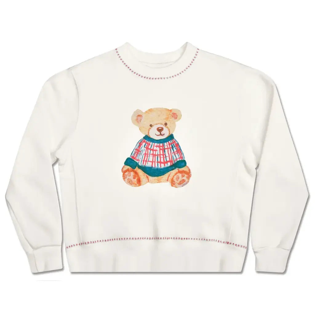 White sweatshirt with a teddy bear design on a white background