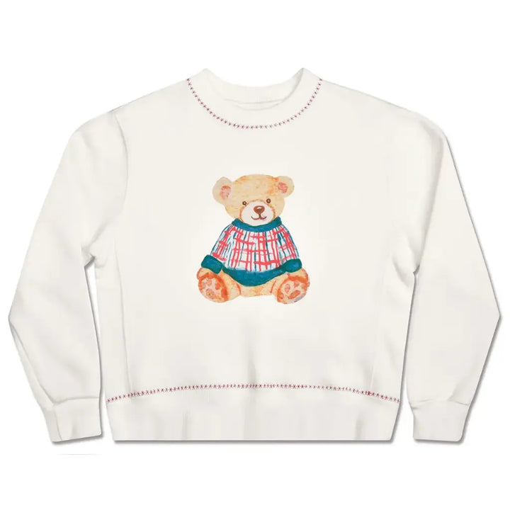 White sweatshirt with a teddy bear design on a white background