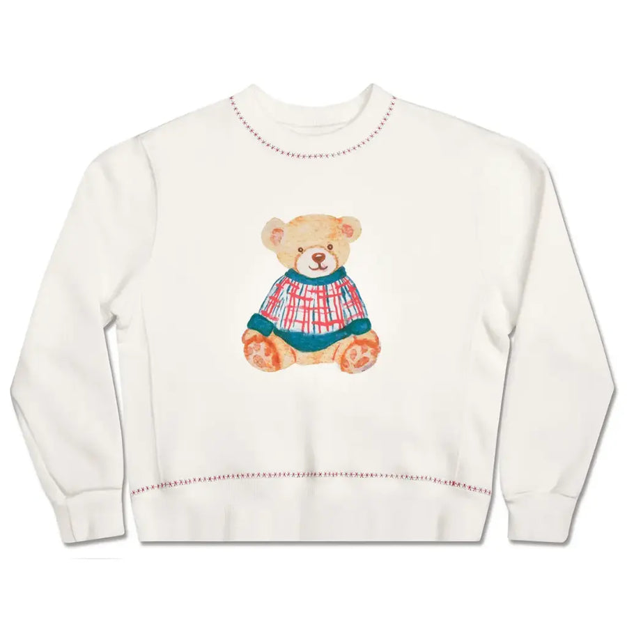 White sweatshirt with a teddy bear design on a white background