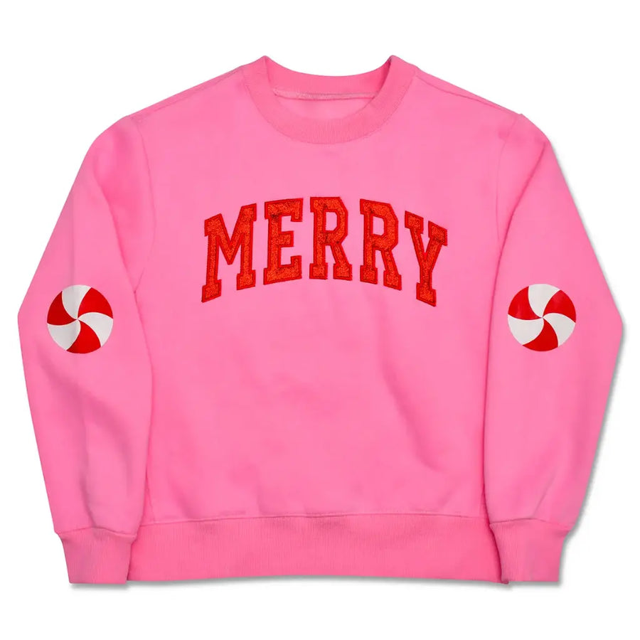 Pink sweatshirt with 'MERRY' text and candy cane designs on sleeves against a white background