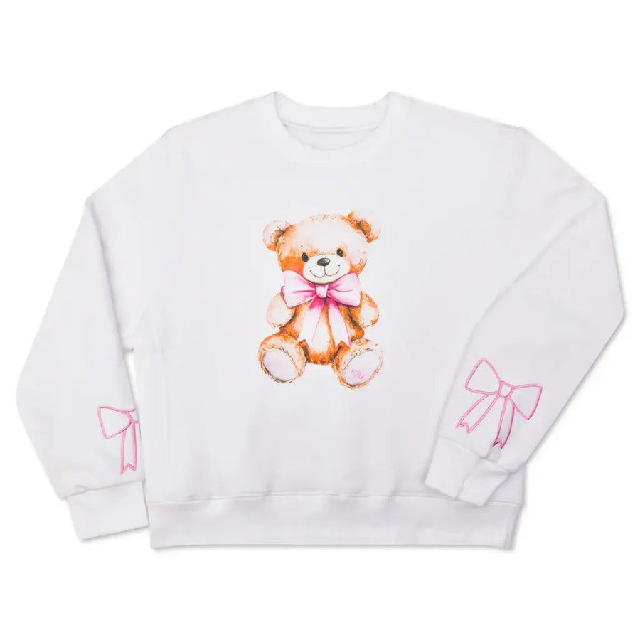 White sweatshirt with a teddy bear and bow design on a white background