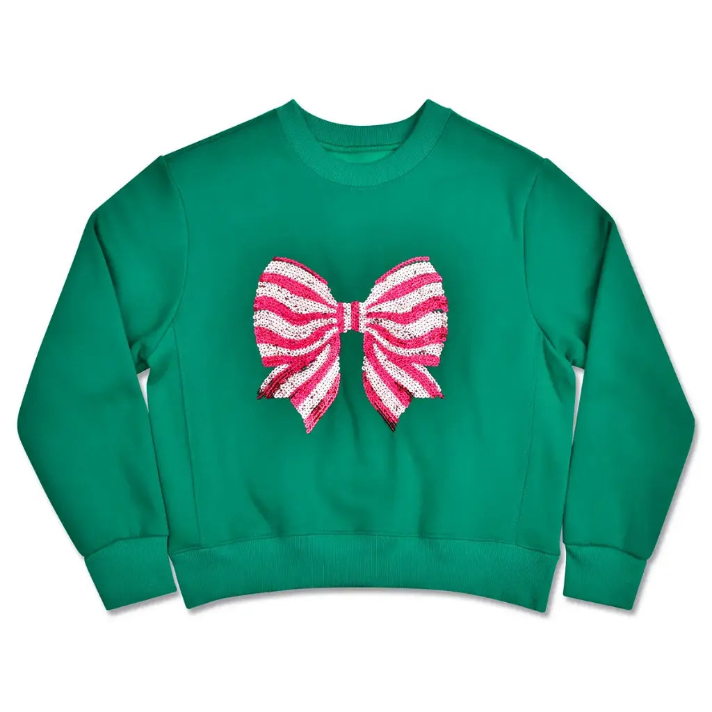 Green sweatshirt with a red and white striped bow design on a white background