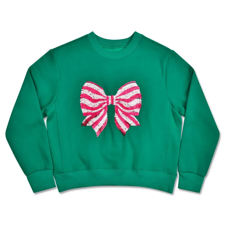 Green sweatshirt with a red and white striped bow design on a white background