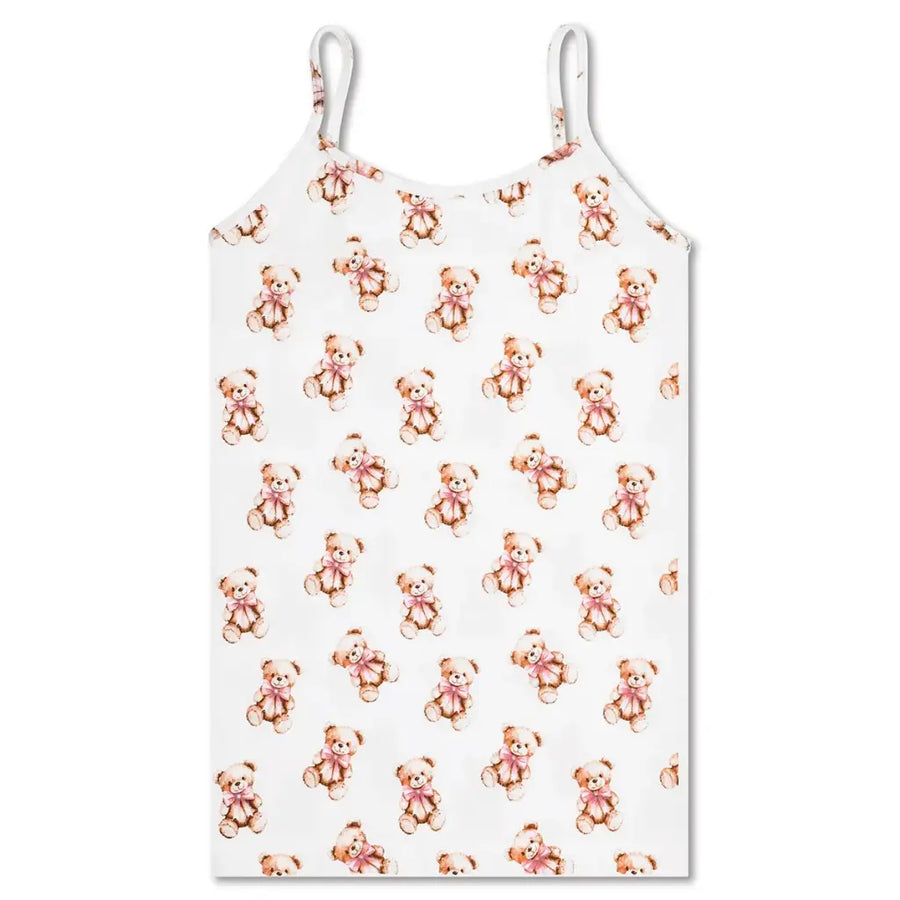 White tank top with teddy bear pattern on a white background