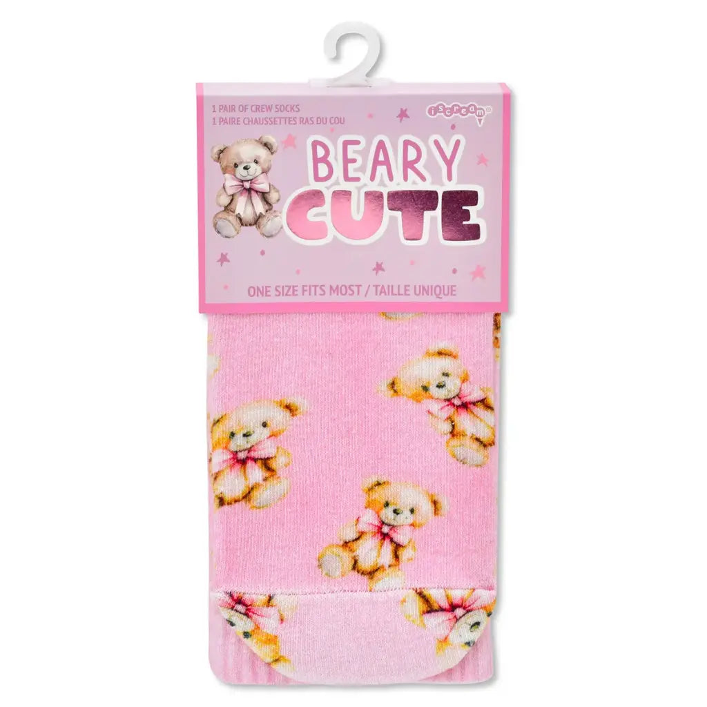 Pack of children's socks with teddy bear design on pink background