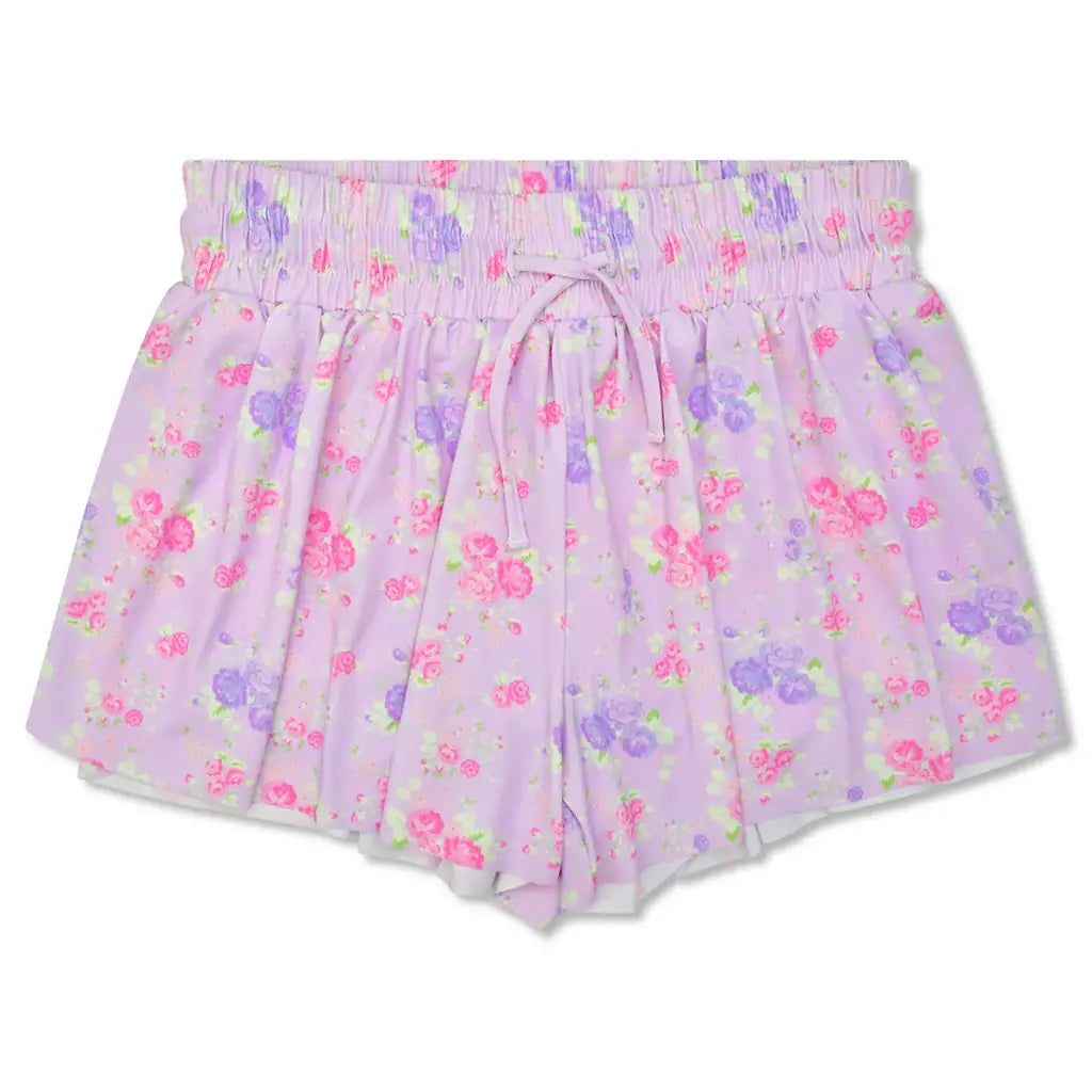 lavender floral butterfly shorts with elastic waist 