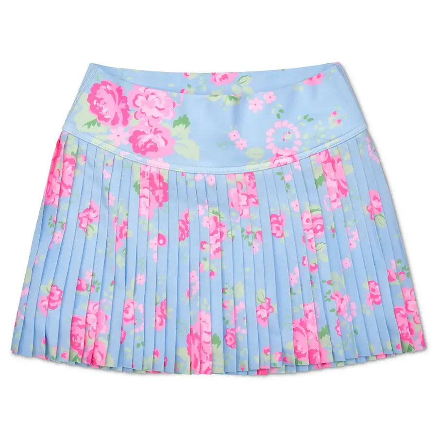 pleated skirt, blue background with pink roses all over 