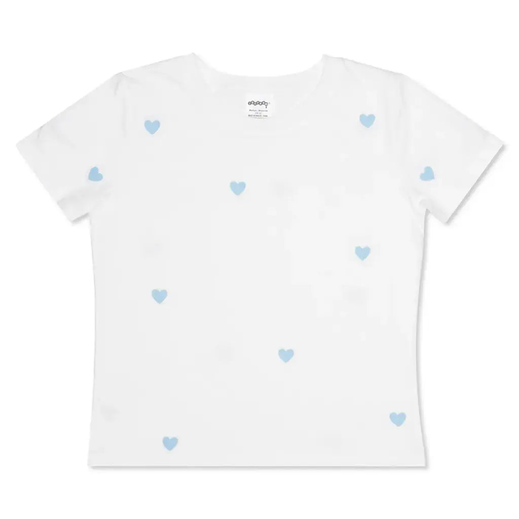 White t-shirt with small blue hearts on a white background