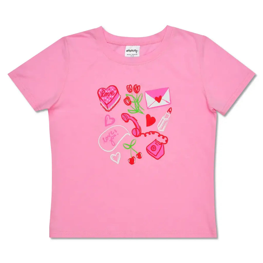 Pink t-shirt with colorful graphics on a white background