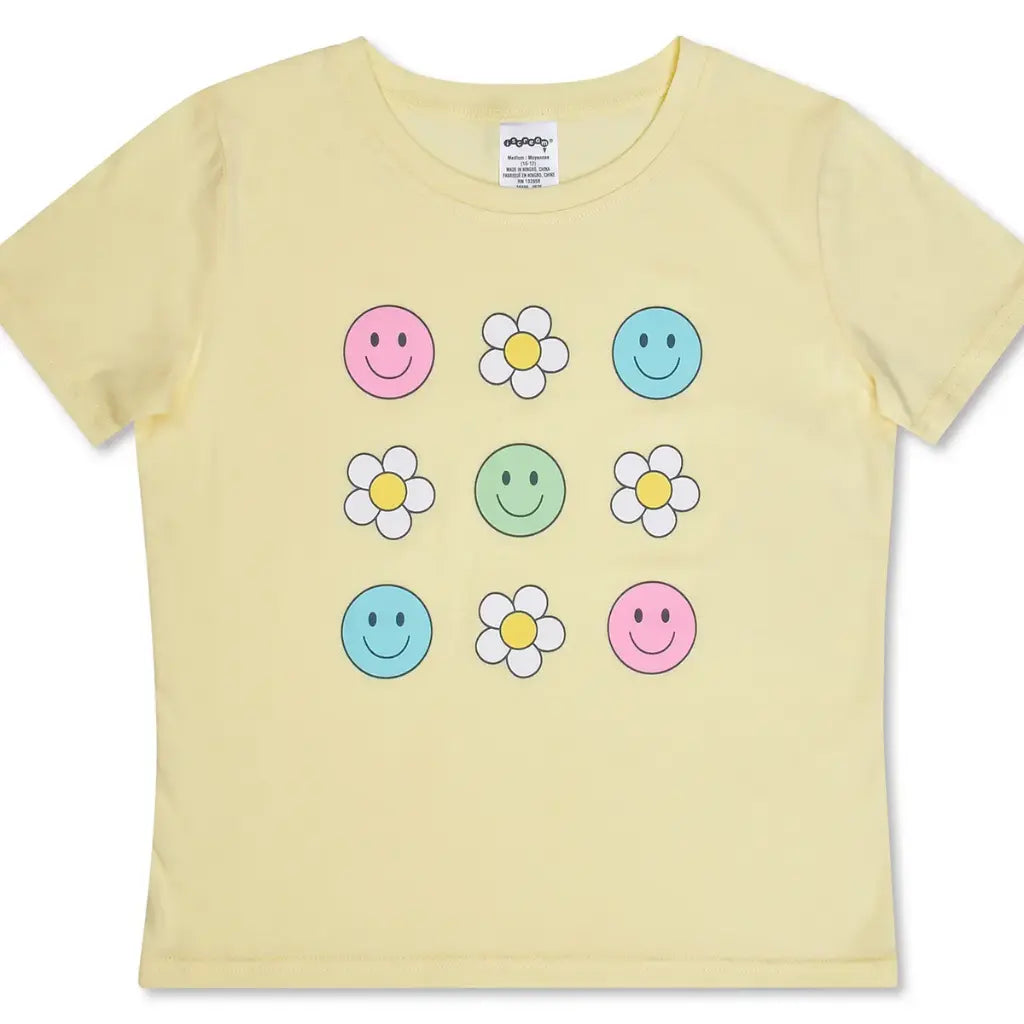 Yellow t-shirt with smiley faces and flowers on a white background