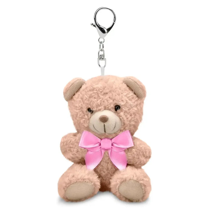 Plush teddy bear keychain with a pink bow on a white background