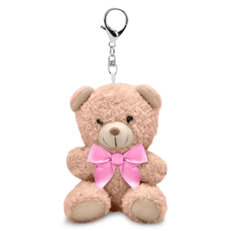 Plush teddy bear keychain with a pink bow on a white background