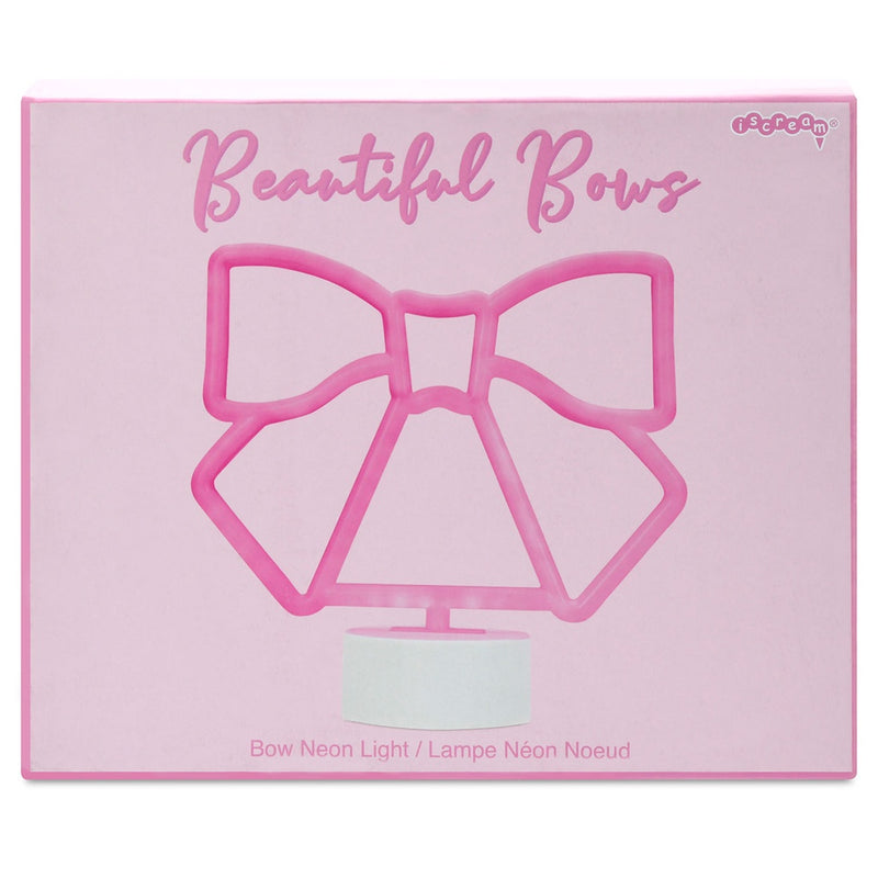 Neon Bow light in a pink box with picture of neon light on front. 