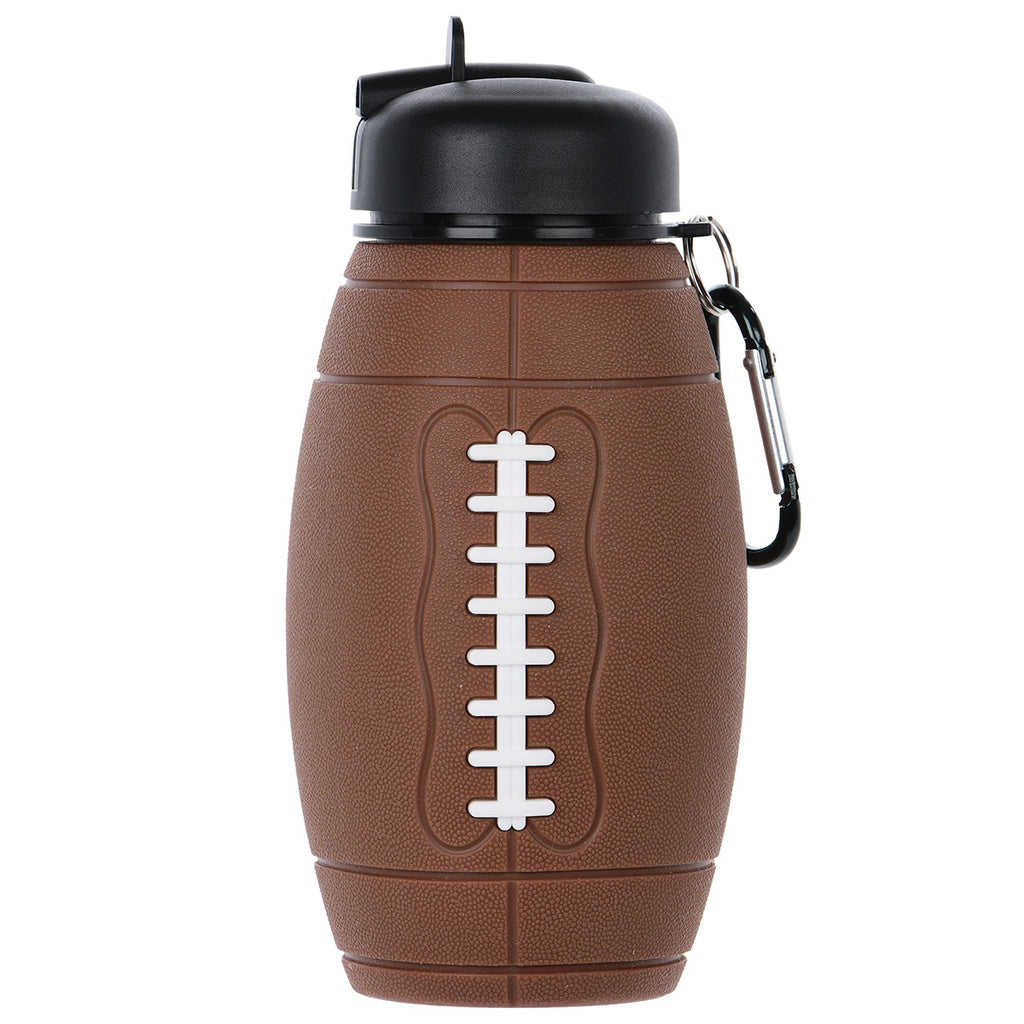 Football-shaped water bottle with black lid and carabiner on a white background