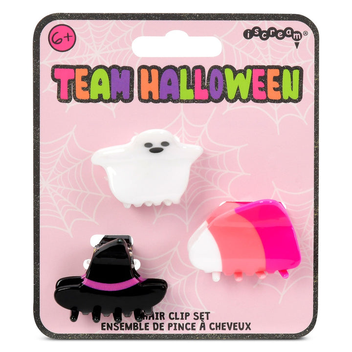 Halloween-themed hair clip set on pink packaging with 'iscream' branding.