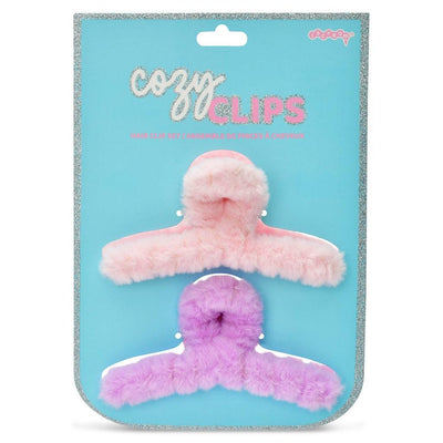 set of 2 claw clips with fleece covered on the clip, one pink and one lavender 