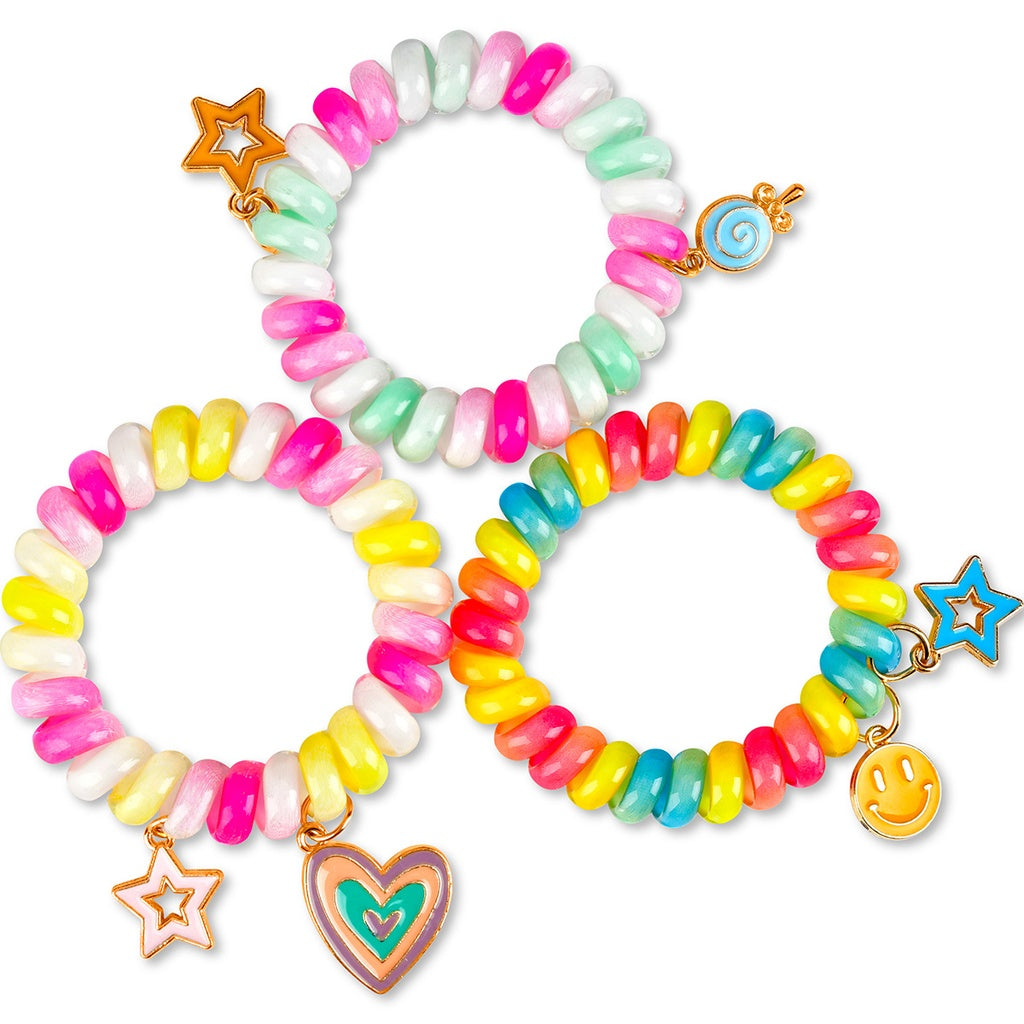 Colorful bracelets that can double as bracelets with various charms on a white background