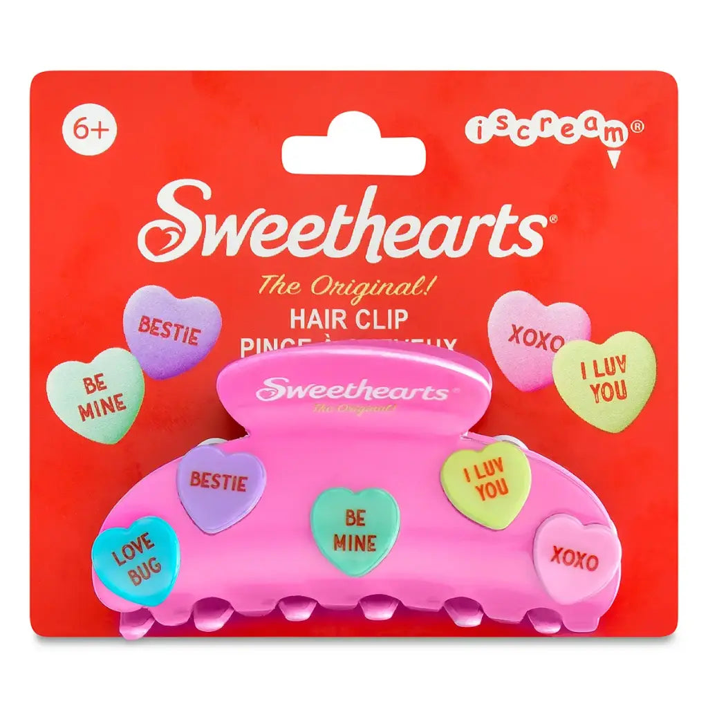 Sweethearts hair clip packaging with colorful heart-shaped designs on a red background