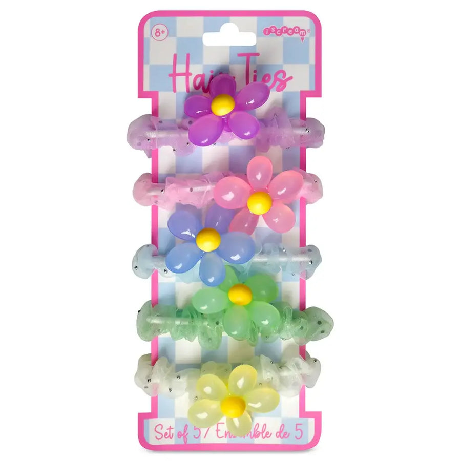 Set of colorful flower-shaped hair ties on a branded card with a white background