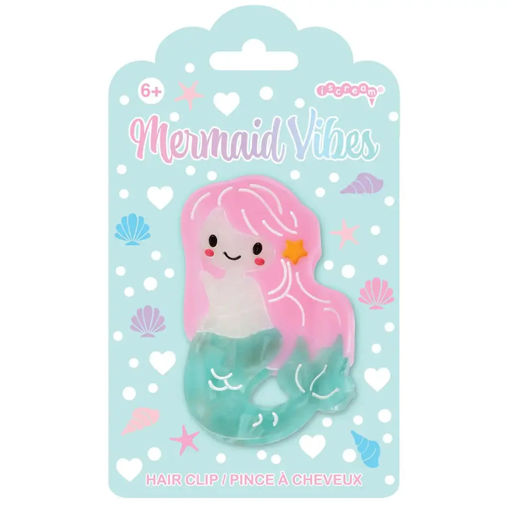 Mermaid-themed hair clip packaging with a mermaid character on a light blue background.