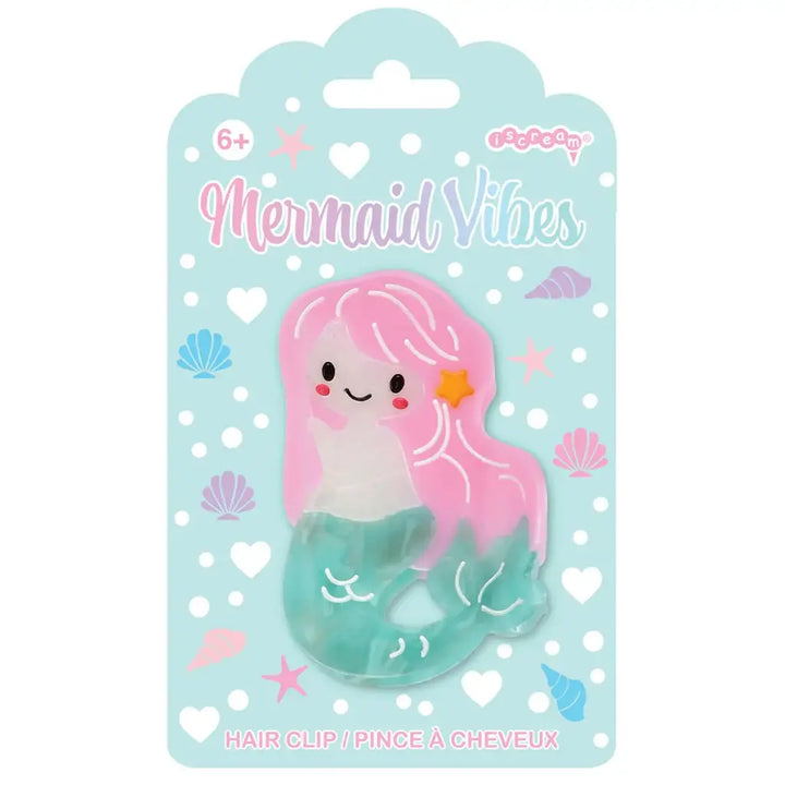 Mermaid-themed hair clip packaging with a mermaid character on a light blue background.