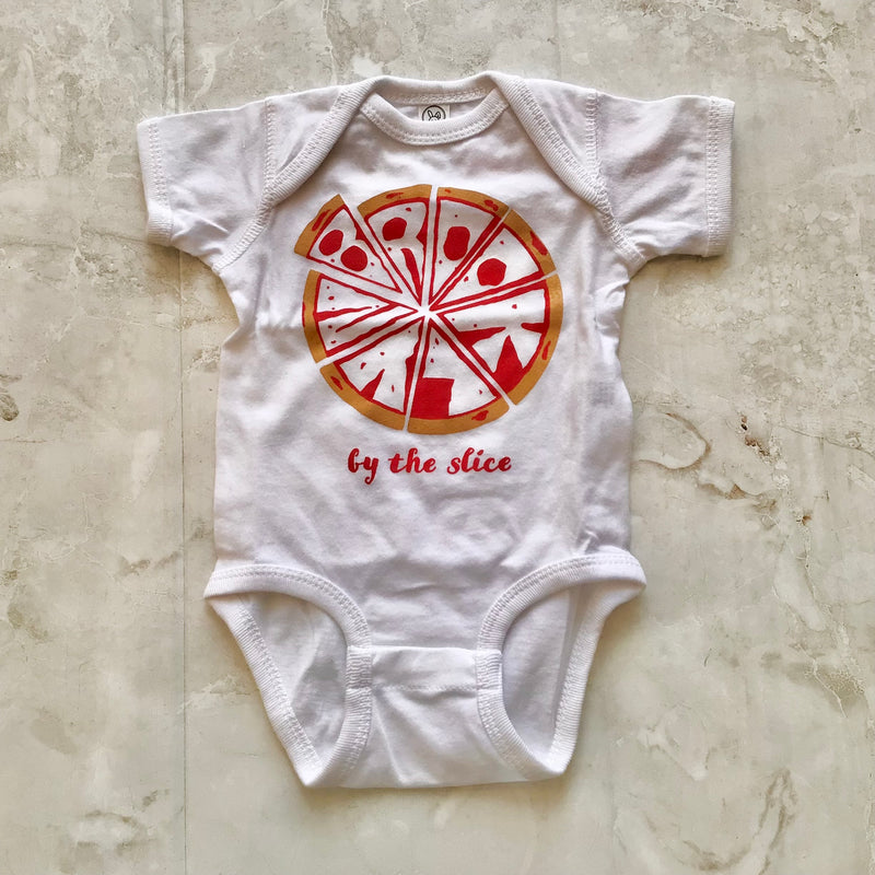 short sleeve white cotton onesie with pizza cut up into slices "Brooklyn by the slice" written on it