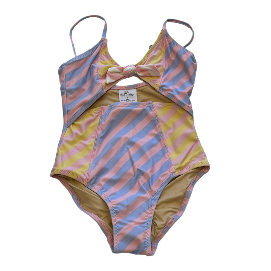 one piece bathing suit with pastel stripes in pink and lavender and pink and yellow. tie bow in the center. 