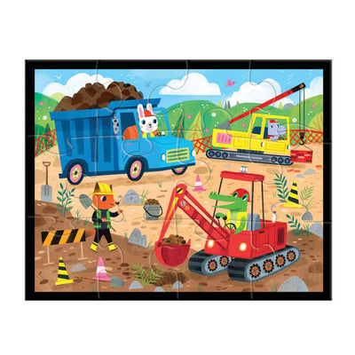 12 piece puzzle that comes in a construction theme with animals driving the construction vehicles. 