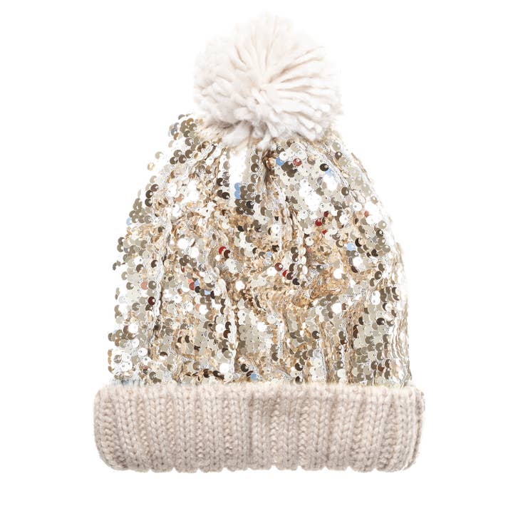 beige cold weather hat with gold sequin s all over the top portion