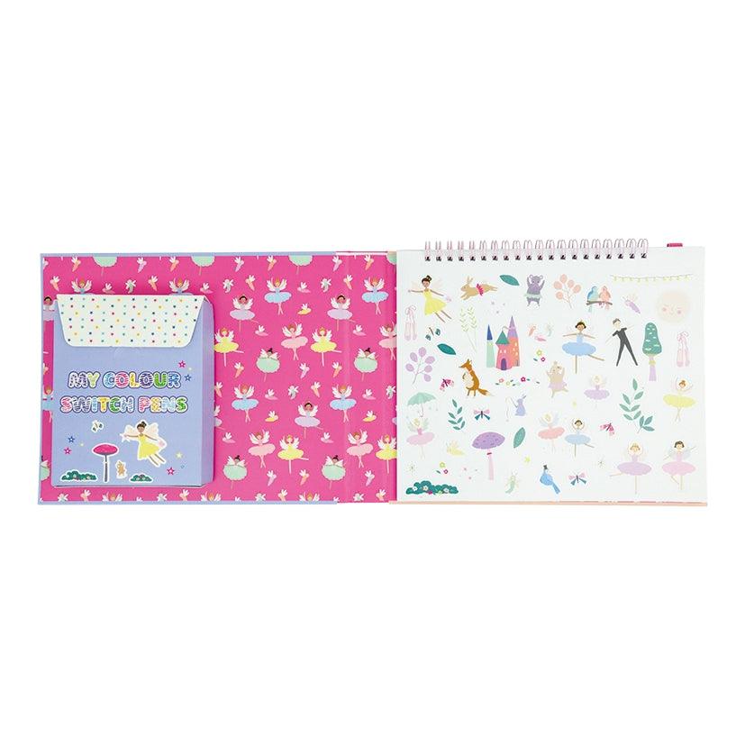 this arts and crafts booklet has ballerinas all along the inside of the booklet: stickers on one side and color changing markers in a container on the other side. 