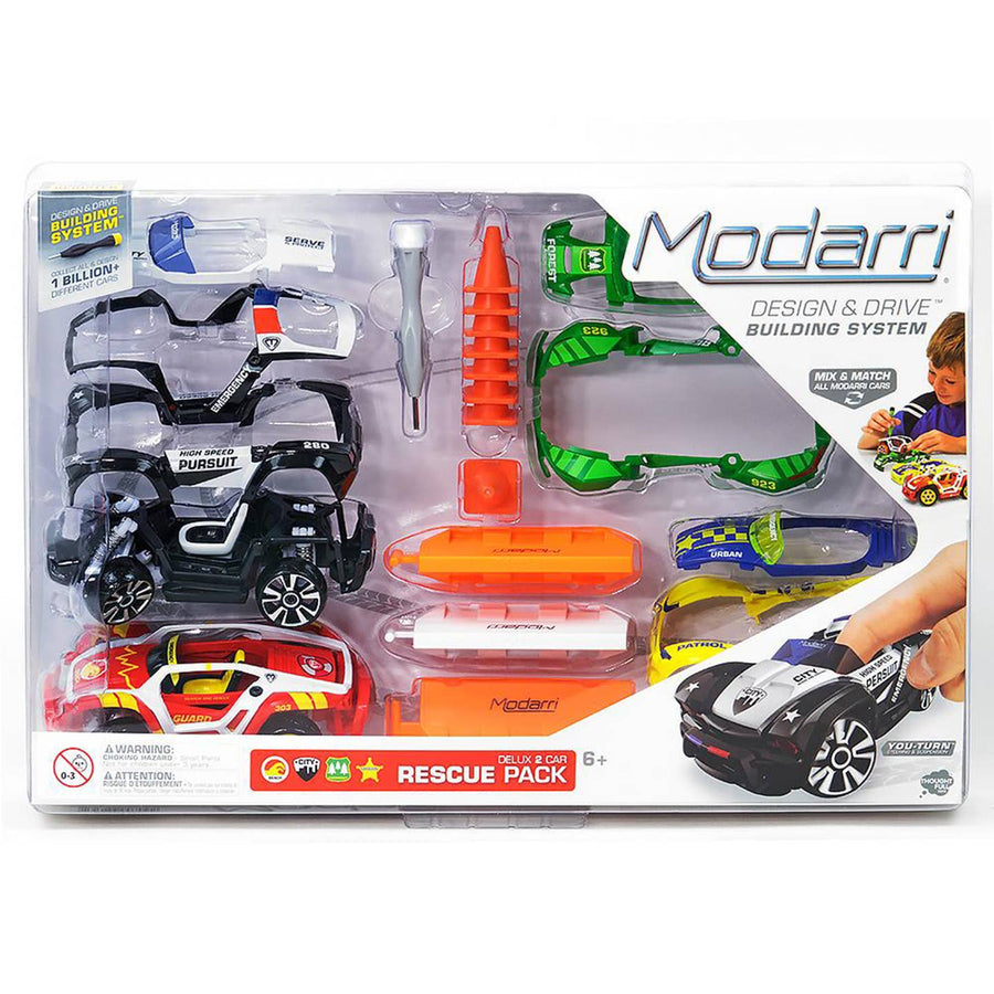 Modari toy building system packaging with rescue-themed cars and tools on a white background
