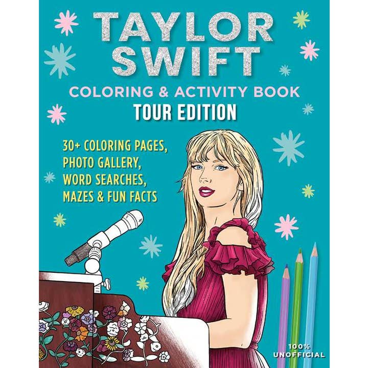 Taylor Swift coloring and activity book with a picture of Taylor on the cover and some colored pencils. 