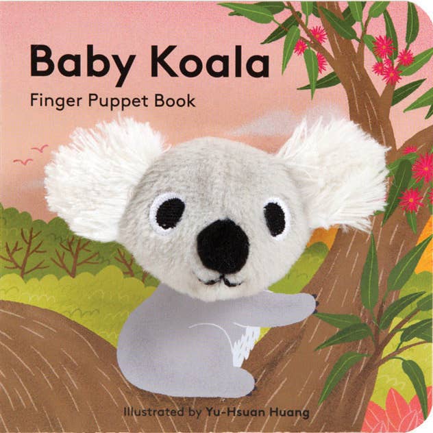 Baby Koala finger puppet book cover with a koala on a tree branch and floral background.