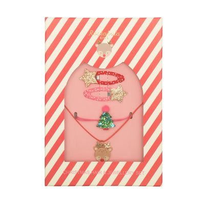 jewelry and hair clip set with a Holiday flair. Small reindeer face on the necklace. red and ivory stripe box 