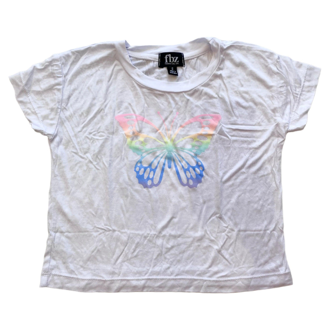 short sleeve white tee with a pastel butterfly screen printed on it. 