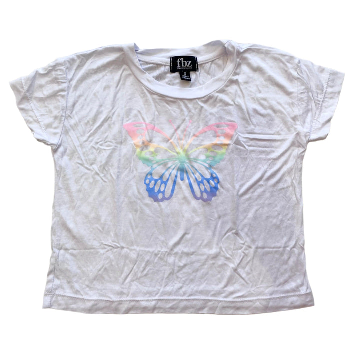short sleeve white tee with a pastel butterfly screen printed on it. 