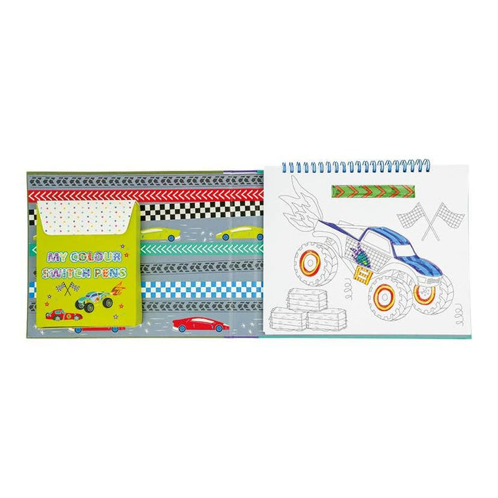 inside pages of the bookwith color changing markers on one side and pages with a drawing on the other side. 