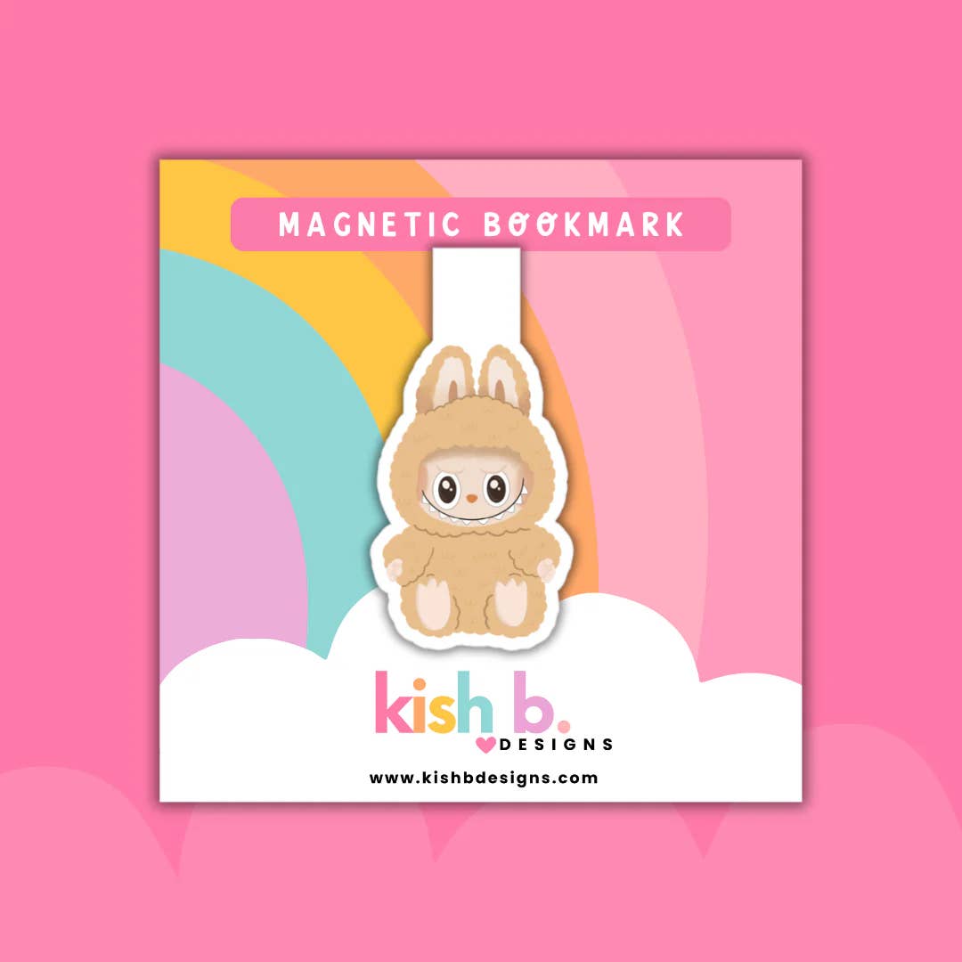 Magnetic bookmark with a cartoon labubu  character in a bunny costume on a colorful background, featuring the brand 'kish b.'