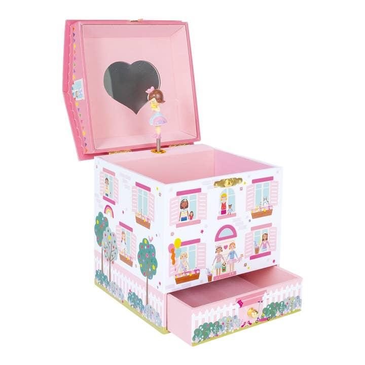 jewelry box that looks like a doll house with little windows and people all over the outside. pink inside lining with a small girl that will twirl inside the box. 