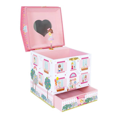 jewelry box that looks like a doll house with little windows and people all over the outside. pink inside lining with a small girl that will twirl inside the box. 