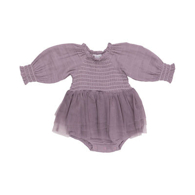 dusty lavender baby bubble with long sleeves and tutu skirt attached. 