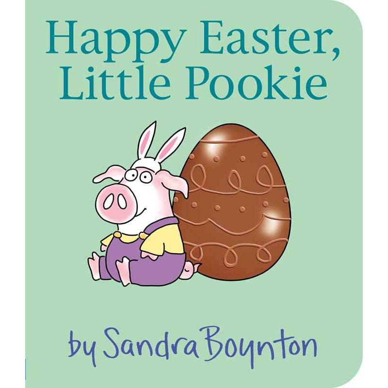 board book titled "Happy Easter, Little Pookie" this book has a little pig wearing bunny ears sitting next to a chocolate egg. 