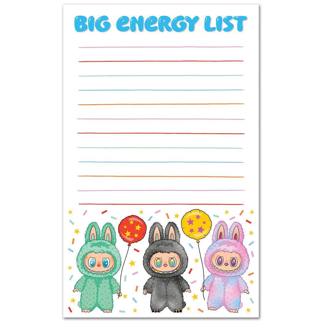 Notepad with cartoon characters in costumes holding balloons and 'Big Energy List' text.