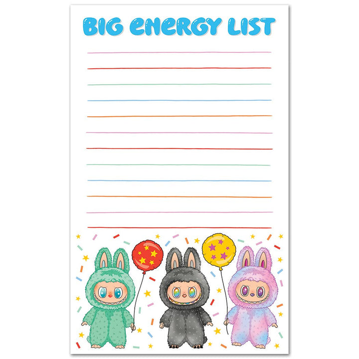 Notepad with cartoon characters in costumes holding balloons and 'Big Energy List' text.