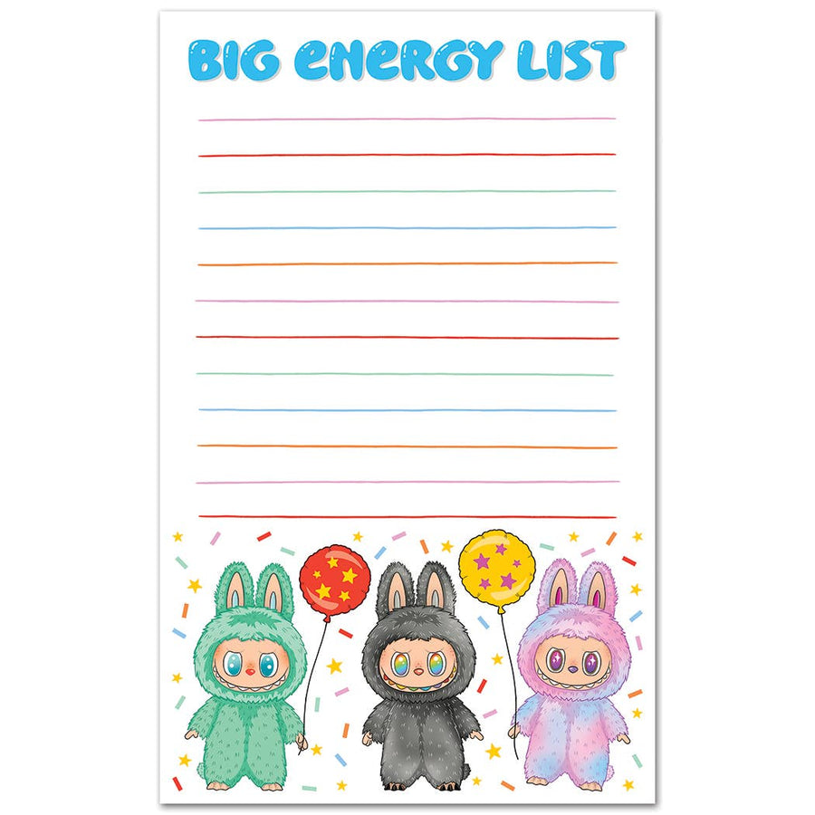 Notepad with cartoon characters in costumes holding balloons and 'Big Energy List' text.