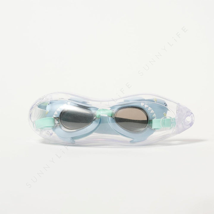 shark swim goggles in their plastic case. goggles are blue with green straps. 